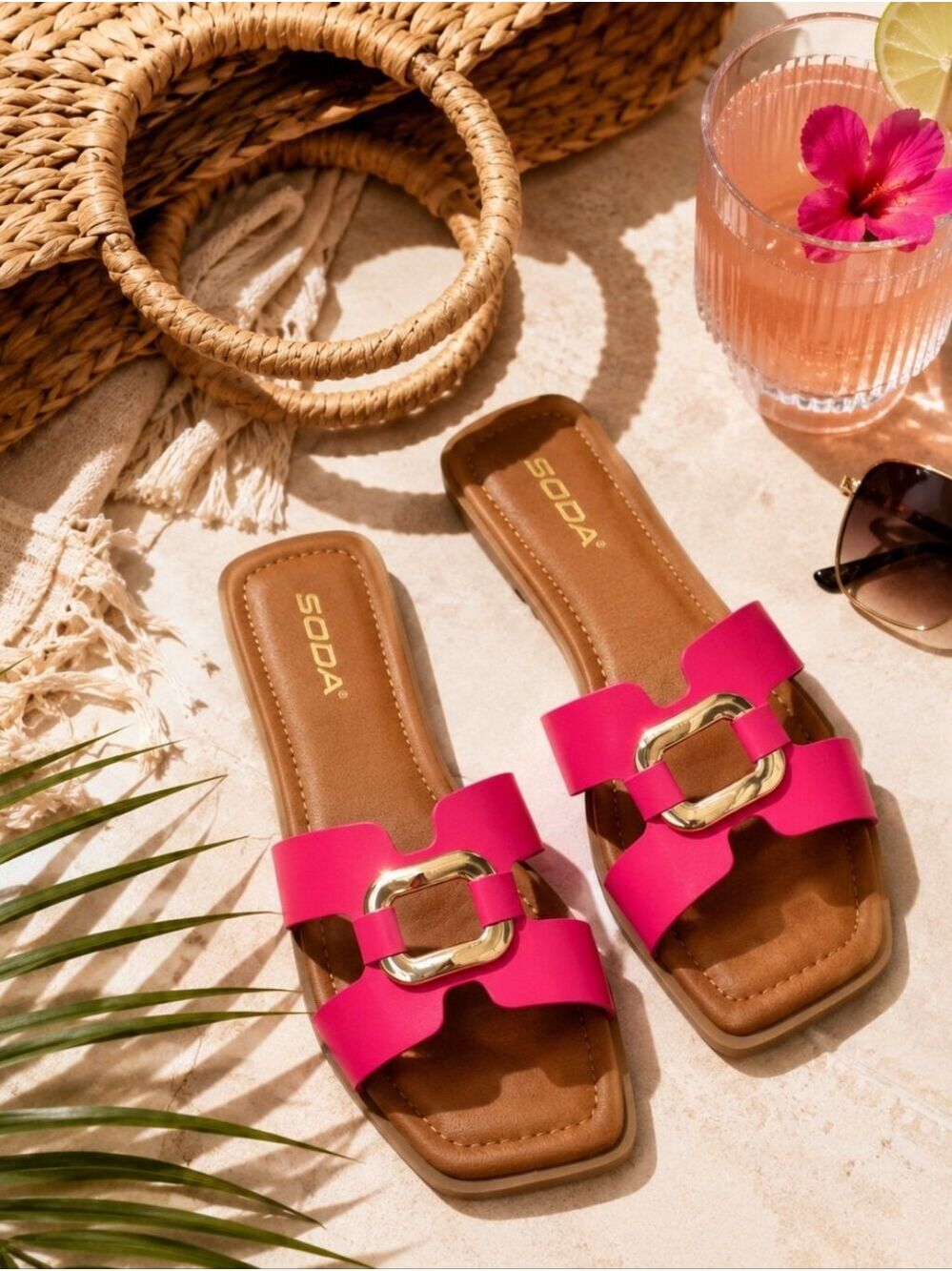 Soda FENG-S Fuchsia Gold Buckle Square Toe Slide Sandals Size 7 NIB - Picture 8 of 9